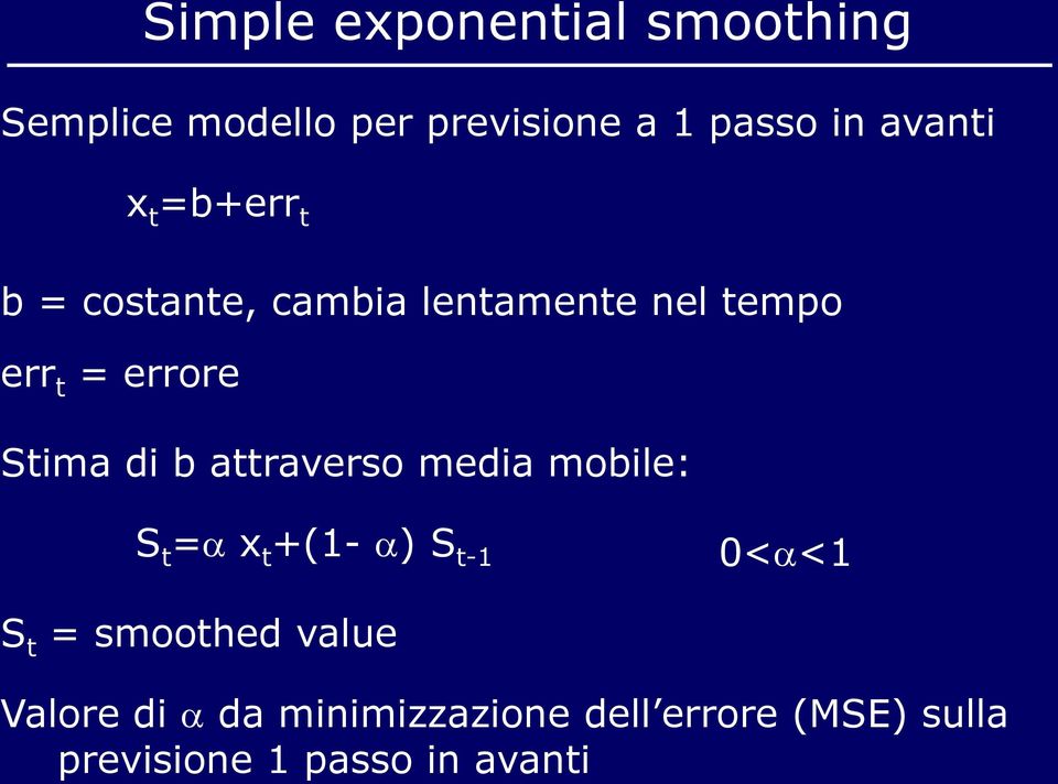 Stima di b attraverso media mobile: S t = x t +(1- ) S t-1 0< <1 S t = smoothed