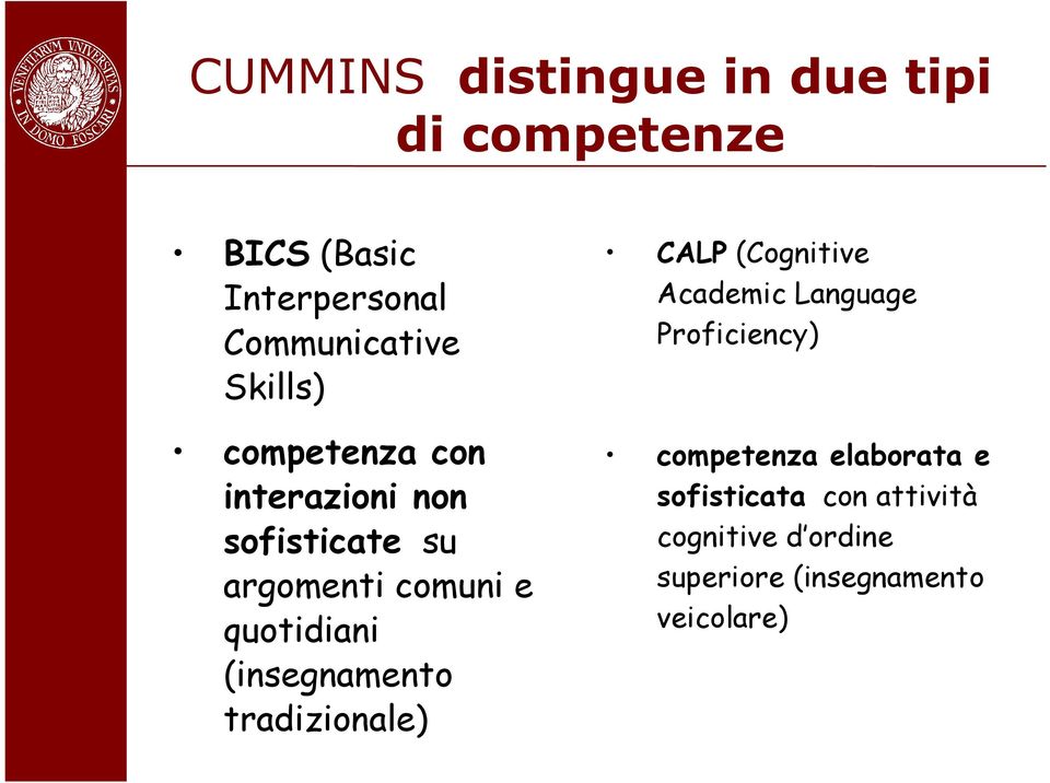 (insegnamento tradizionale) CALP (Cognitive Academic Language Proficiency) competenza