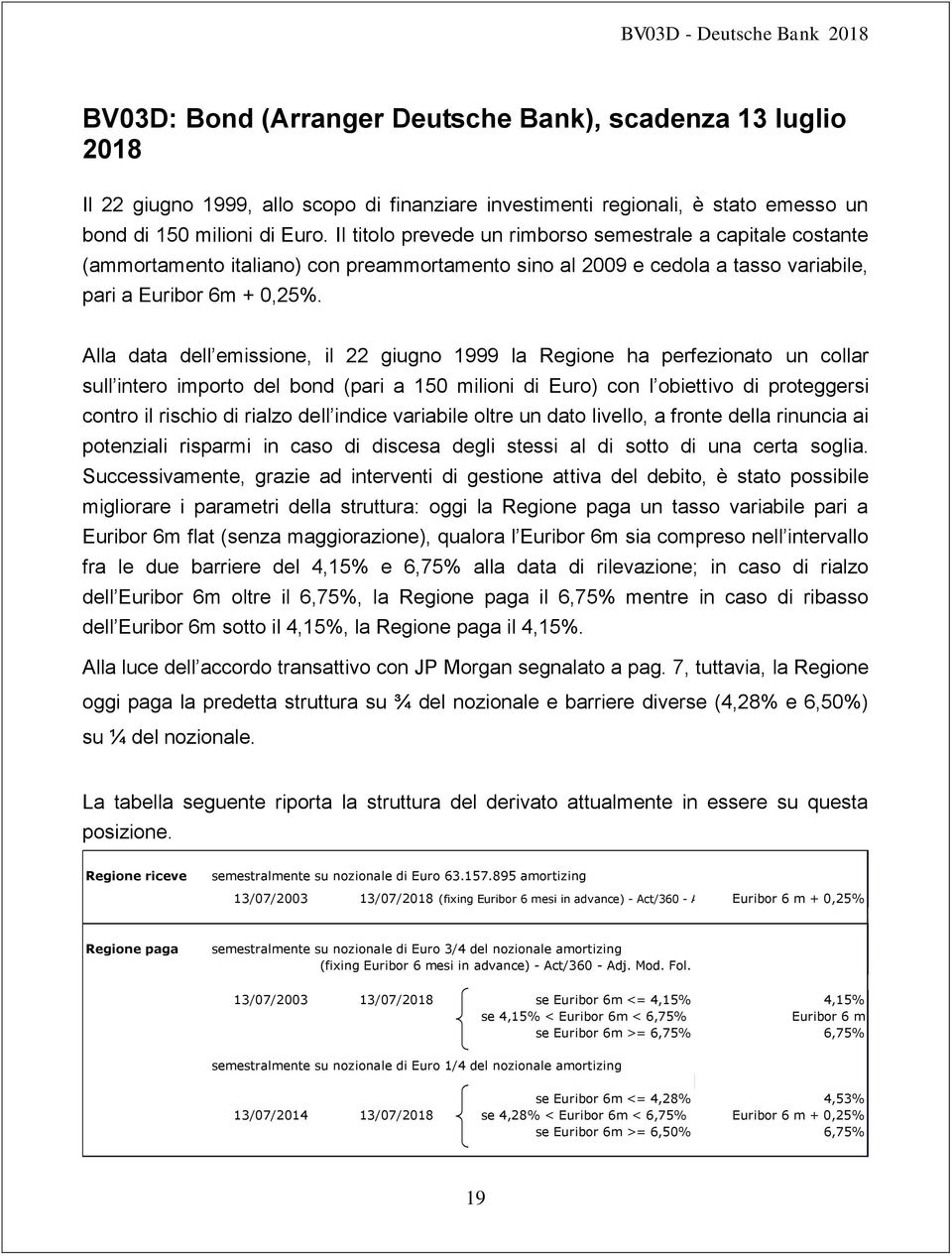 Alla data dell emissione, il 22 giugno 1999 la Regione ha perfezionato un collar sull intero importo del bond (pari a 150 milioni di Euro) con l obiettivo di proteggersi contro il rischio di rialzo