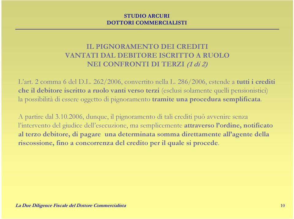 pignoramento tramite una procedura semplificata. A partire dal 3.10.