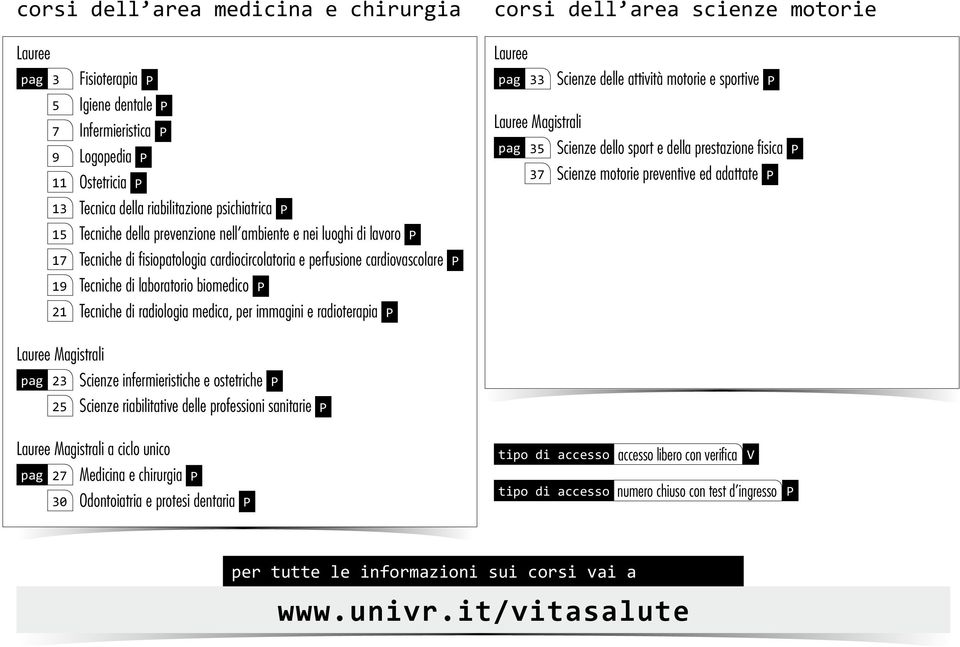 pag 21 Tecniche di radiologia medica, per immagini e radioterapia P corsi dell area scienze motorie Lauree pag 33 Scienze delle motorie e sportive P Lauree Magistrali pag 3 Scienze dello sport e