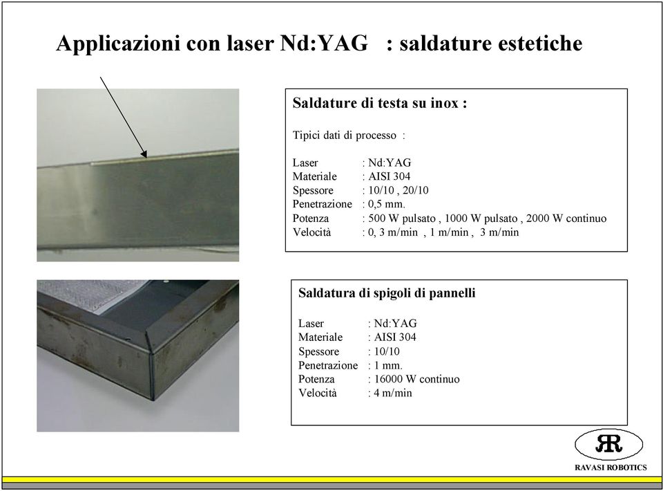 Potenza : 500 W pulsato, 1000 W pulsato, 2000 W continuo Velocità : 0, 3 m/min, 1 m/min, 3 m/min Saldatura di