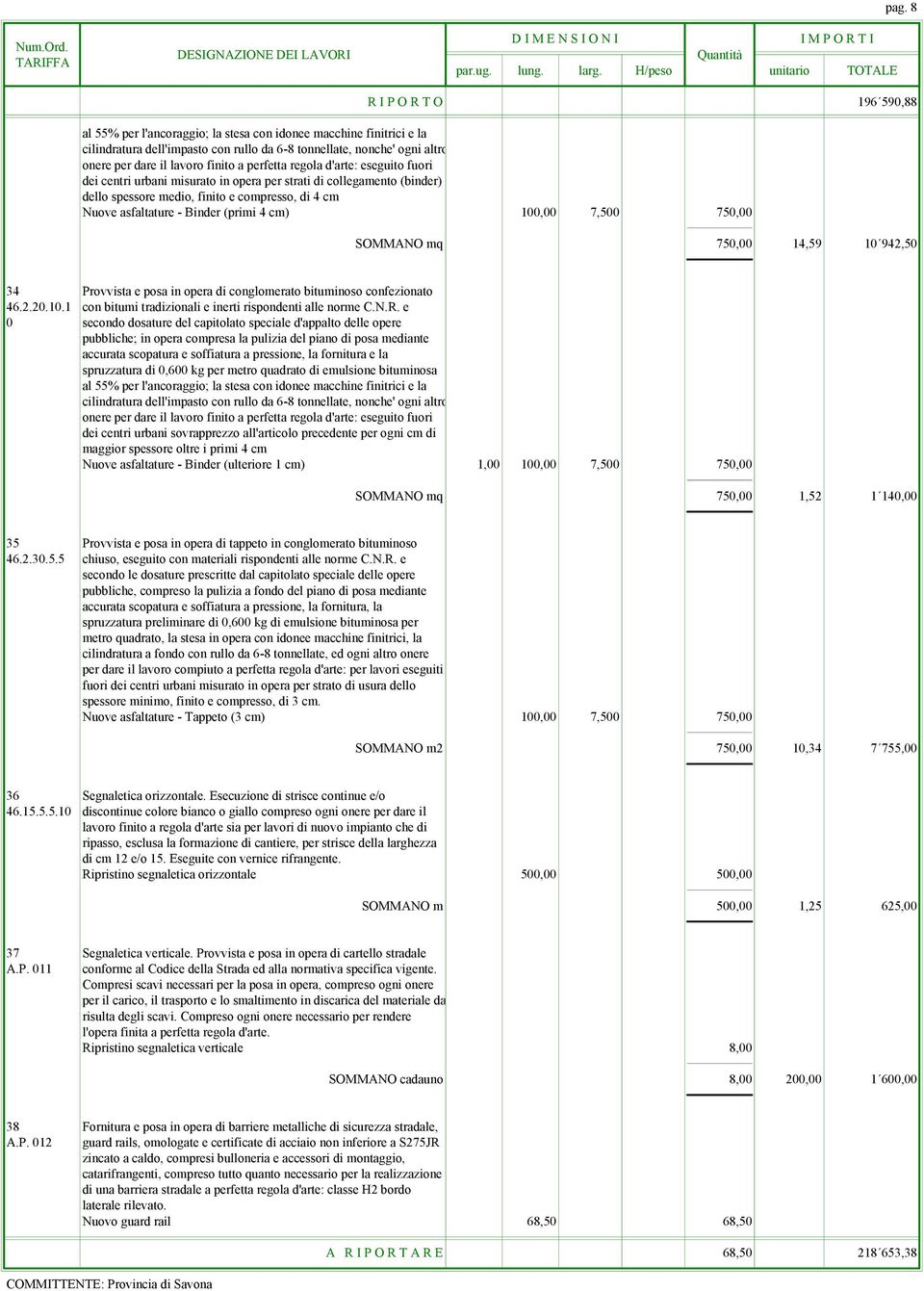 (primi 4 cm) 100,00 7,500 750,00 SOMMANO mq 750,00 14,59 10 942,50 34 Provvista e posa in opera di conglomerato bituminoso confezionato 46.2.20.10.1 con bitumi tradizionali e inerti rispondenti alle norme C.