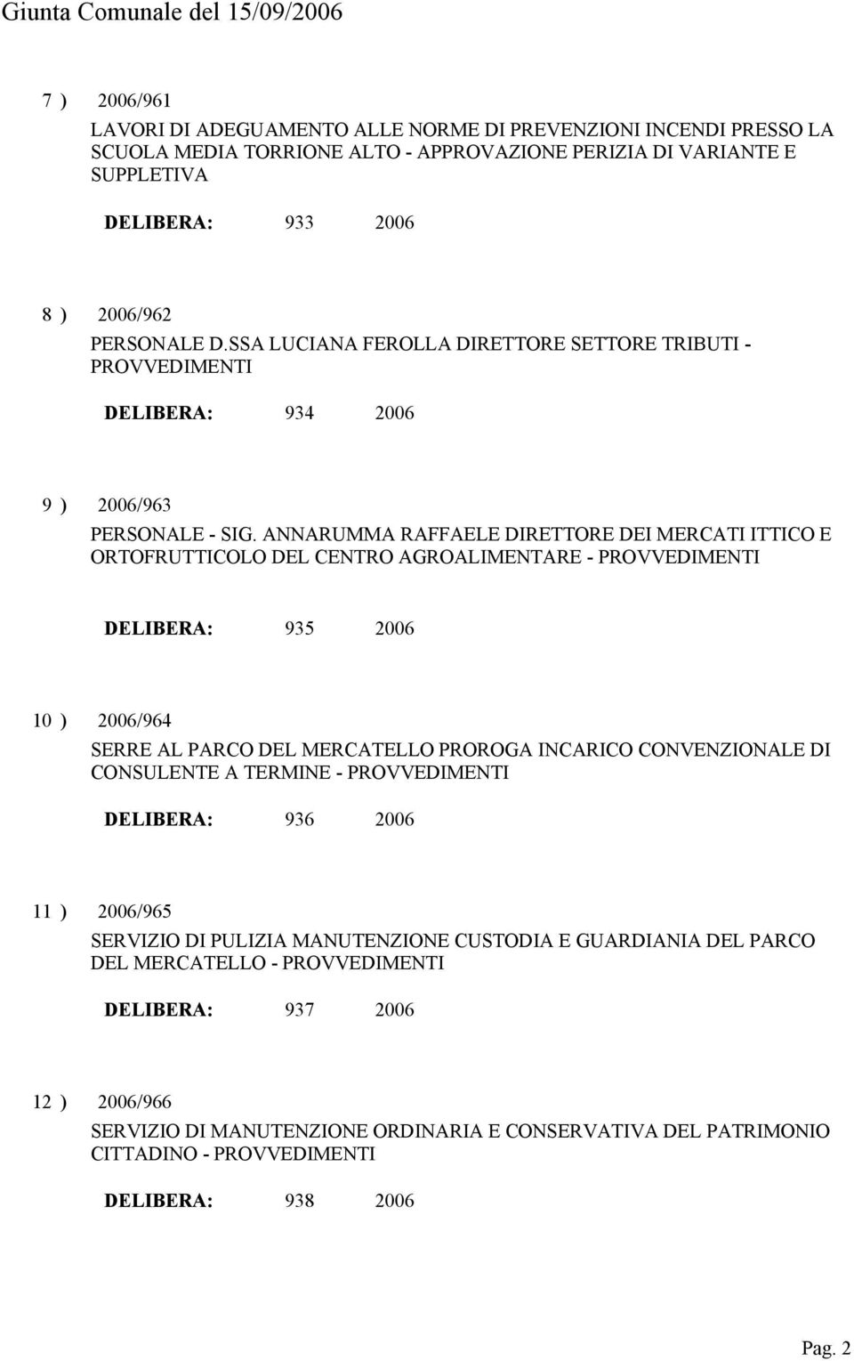 ANNARUMMA RAFFAELE DIRETTORE DEI MERCATI ITTICO E ORTOFRUTTICOLO DEL CENTRO AGROALIMENTARE - DELIBERA: 935 2006 10 ) 2006/964 SERRE AL PARCO DEL MERCATELLO PROROGA INCARICO CONVENZIONALE DI