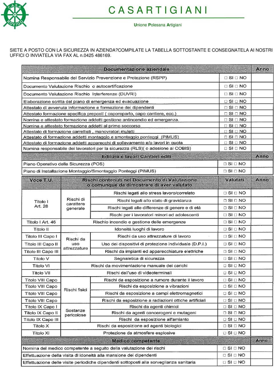 COMPILATE LA TABELLA SOTTOSTANTE E