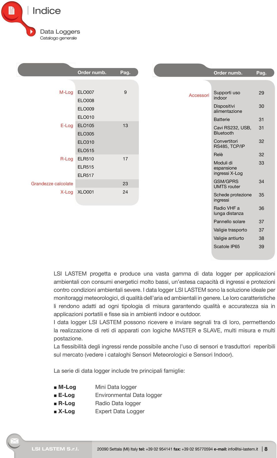 M-Log ELO007 9 ELO008 ELO009 ELO010 E-Log ELO105 13 ELO305 ELO310 ELO515 R-Log ELR510 17 ELR515 ELR517 Grandezze calcolate 23 X-Log XLO001 24 Accessori Supporti uso indoor Dispositivi alimentazione