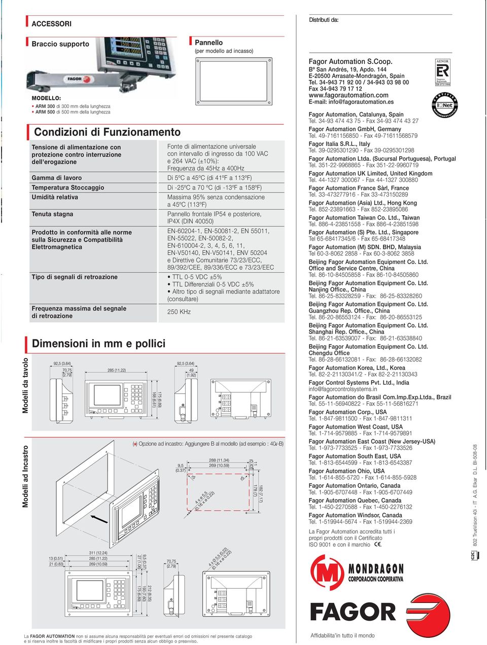 Compatibilità Elettromagnetica Dimensioni in mm e pollici Fonte di alimentazione universale con intervallo di ingresso da 00 VAC e 6 VAC (±0%): Frequenza da 5Hz a 00Hz Di 5ºC a 5ºC (di ºF a ºF) Di