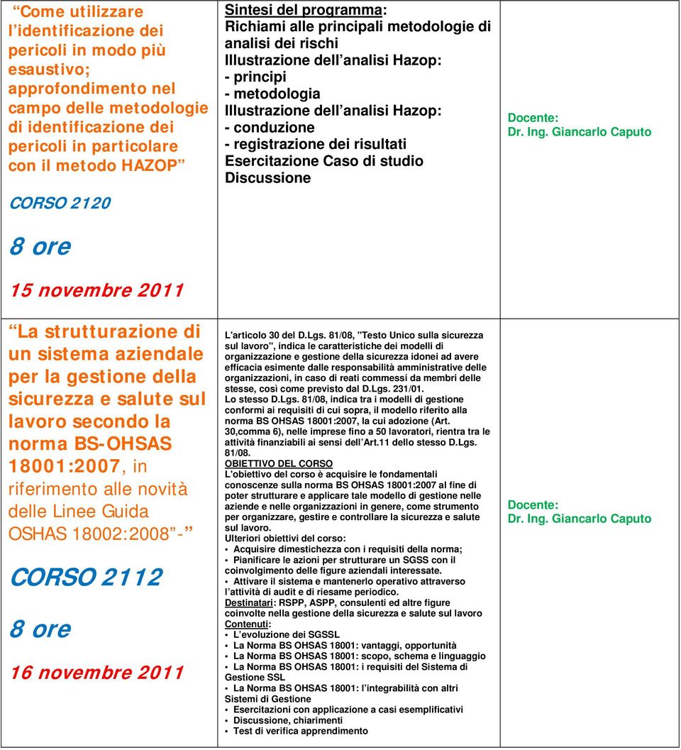 18002:2008 - CORSO 2112 16 novembre 2011 Sintesi del programma: Richiami alle principali metodologie di analisi dei rischi Illustrazione dell analisi Hazop: - principi - metodologia Illustrazione