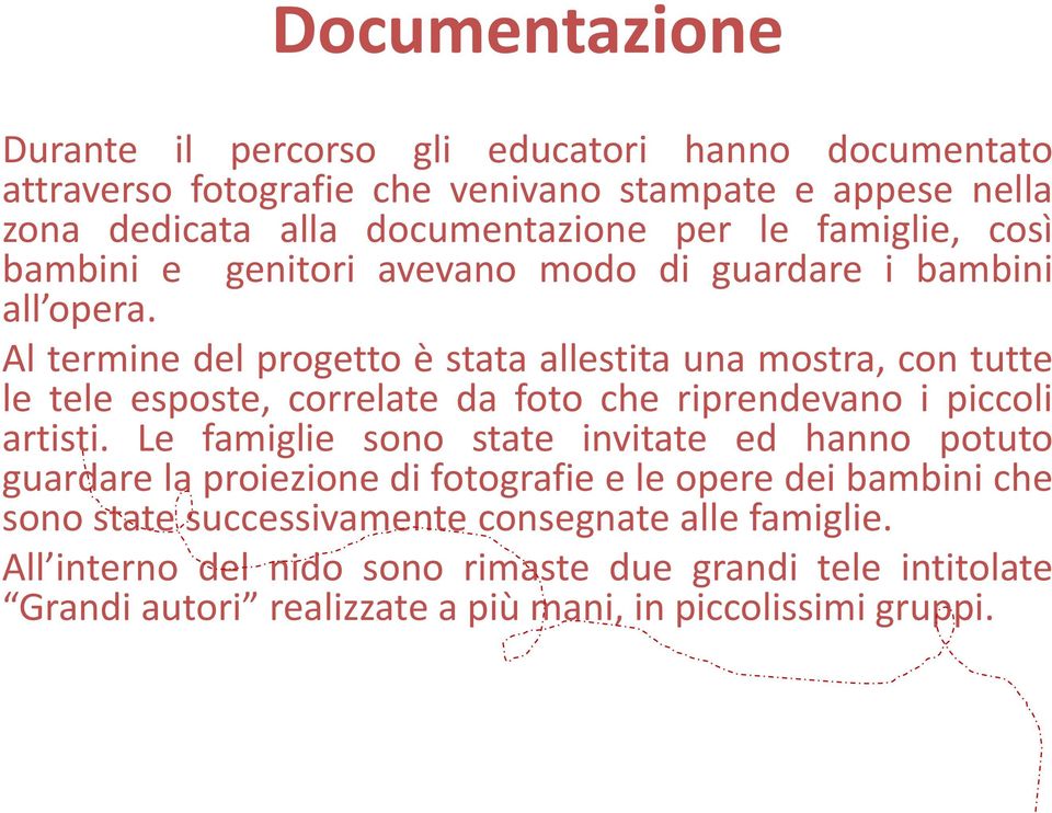 Al termine del progetto è stata allestita una mostra, con tutte le tele esposte, correlate da foto che riprendevano i piccoli artisti.