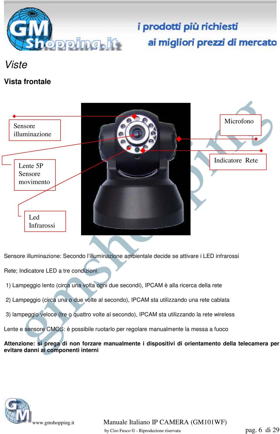 utilizzando una rete cablata 3) lampeggio veloce (tre o quattro volte al secondo), IPCAM sta utilizzando la rete wireless Lente e sensore CMOS: è possibile ruotarlo per regolare manualmente la