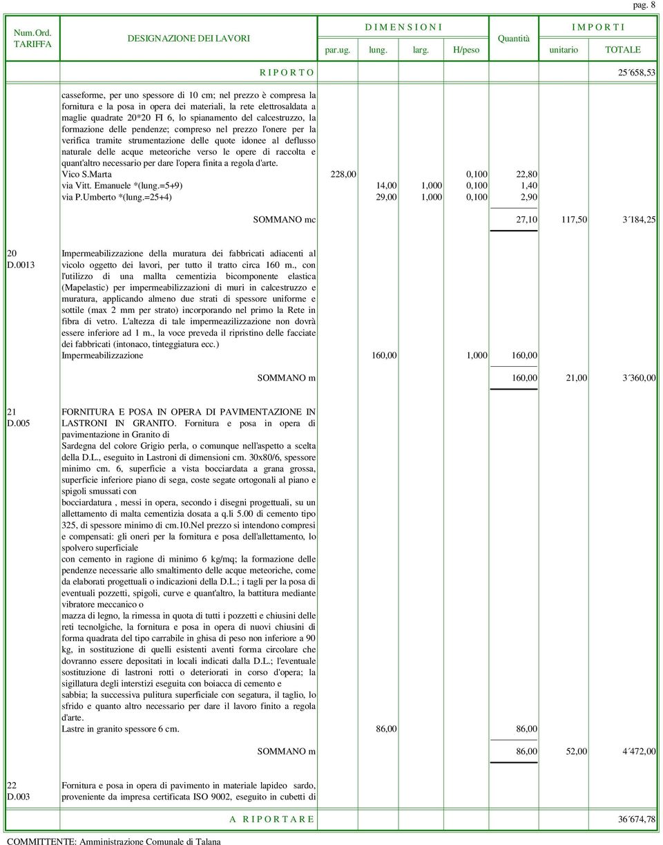 opere di raccolta e quant'altro necessario per dare l'opera finita a regola d'arte. Vico S.Marta 228,00 0,100 22,80 via Vitt. Emanuele *(lung.=5+9) 14,00 1,000 0,100 1,40 via P.Umberto *(lung.