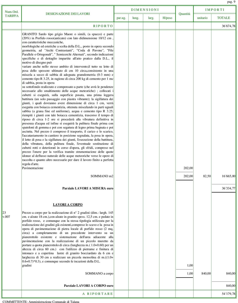 , posto in opera secondo geometria, ad "Archi Contrastanti", "Coda di Pavone", "File Parallele o Ortogonali", " Semicerchi Alternati", secondo indicazioni specifiche e di dettaglio impartite all'atto