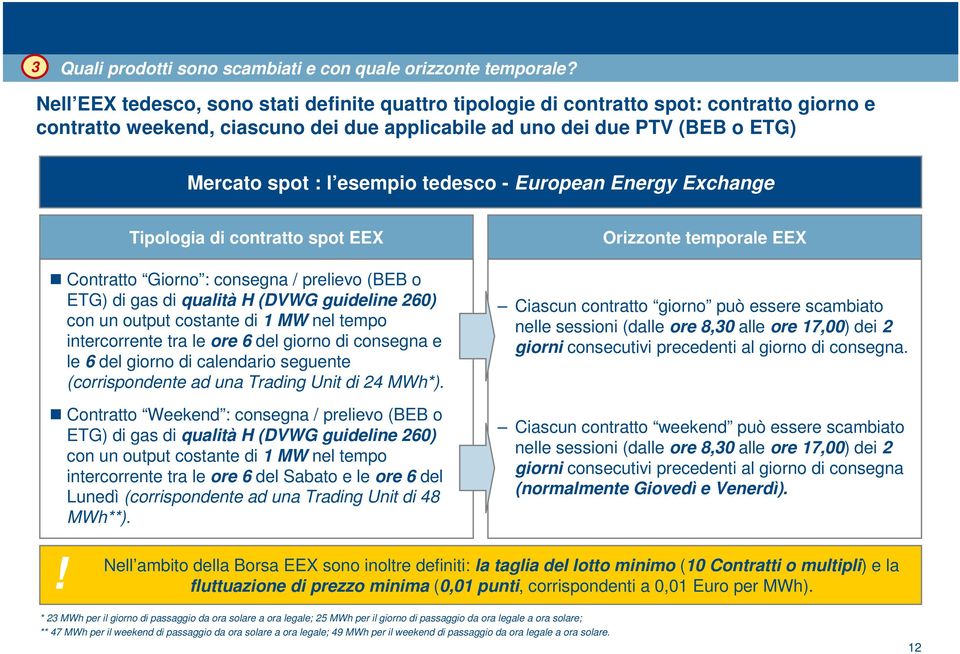 Consolidamento : l esempio tedesco delle -attività European esistenti Energy Exchange Tipologia di contratto spot EEX Contratto Giorno : consegna / prelievo (BEB o ETG) di gas di qualità H (DVWG