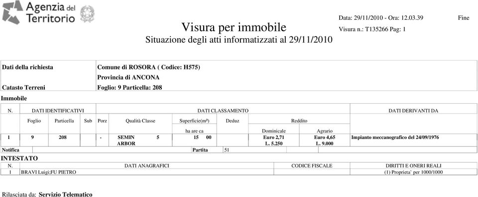 15 00 Euro 2,71 Euro 4,65 Impianto meccanografico del 24/09/1976 ARBOR L. 5.