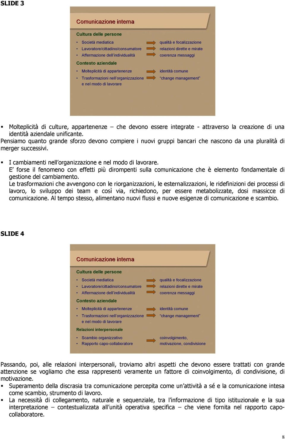 essere integrate - attraverso la creazione di una identità aziendale unificante. Pensiamo quanto grande sforzo devono compiere i nuovi gruppi bancari che nascono da una pluralità di merger successivi.