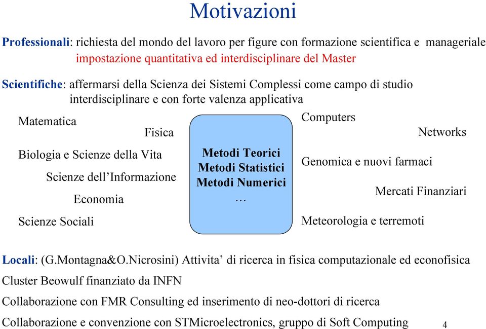 Economia Scienze Sociali Metodi Teorici Metodi Statistici Metodi Numerici Genomica e nuovi farmaci Mercati Finanziari Meteorologia e terremoti Locali: (G.Montagna&O.