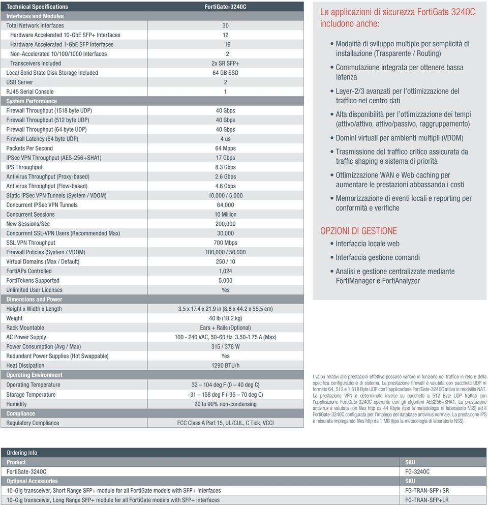 La prestazione firewall è valutata con pacchetti UDP in formato 64, 512 e 1.518 Byte UDP con l applicazione FortiGate-3240C attiva in modalità NAT.