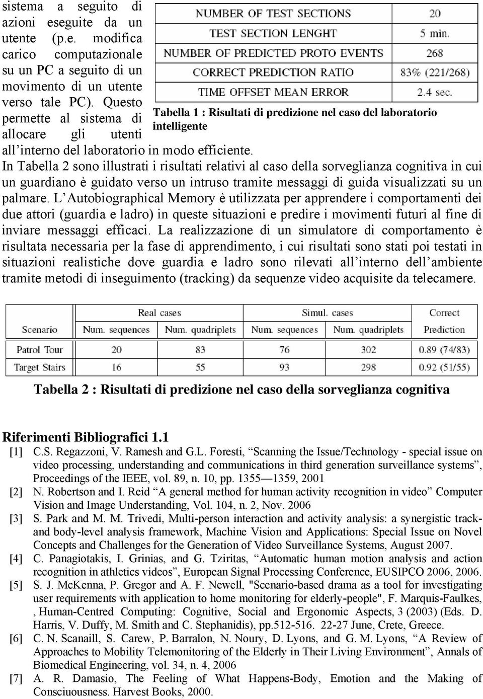 Tabella 1 : Risultati di predizione nel caso del laboratorio intelligente In Tabella 2 sono illustrati i risultati relativi al caso della sorveglianza cognitiva in cui un guardiano è guidato verso un