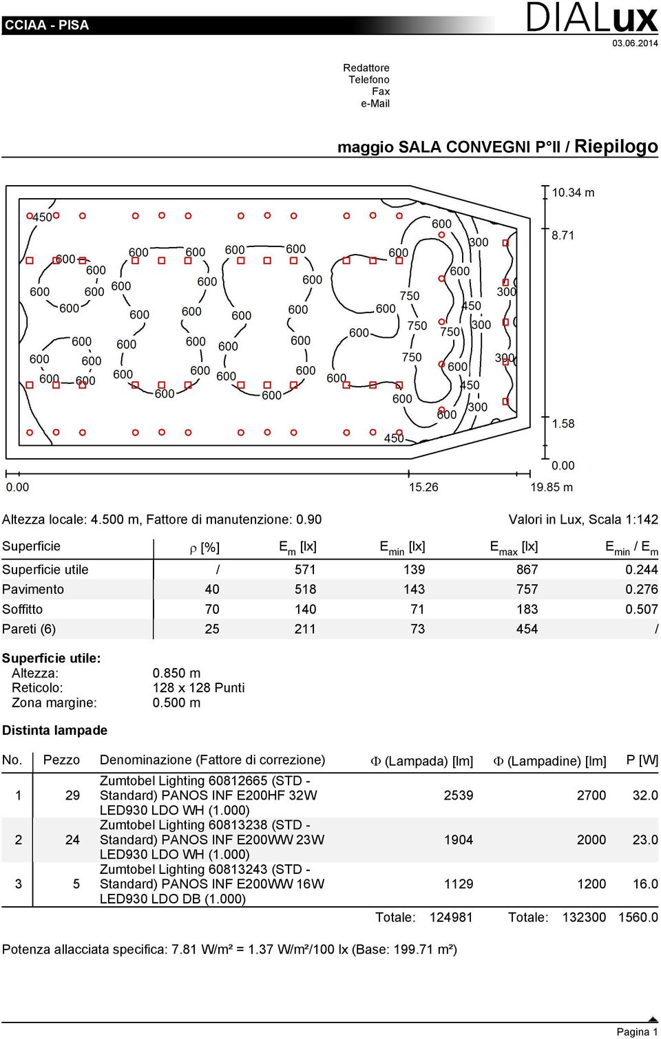 507 Pareti (6) 25 211 73 454 / Superficie utile: Altezza: Reticolo: Zona margine: 0.850 m 128 x 128 Punti 0.500 m Distinta lampade No.