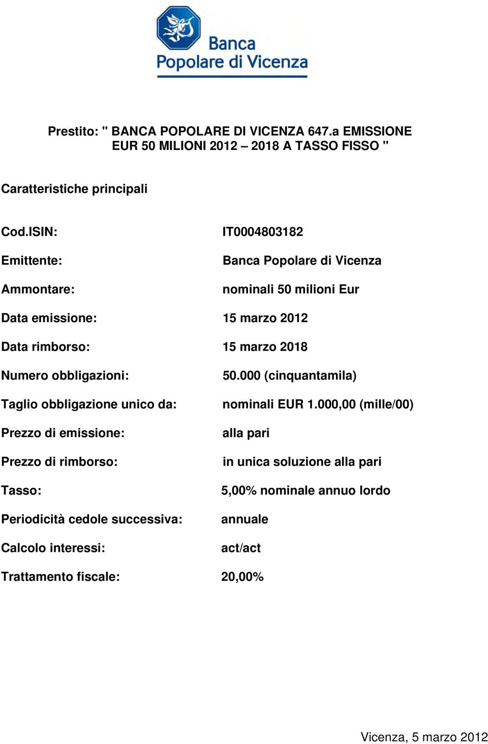 Numero obbligazioni: Taglio obbligazione unico da: Prezzo di emissione: Prezzo di rimborso: Tasso: Periodicità cedole successiva: Calcolo interessi: 50.