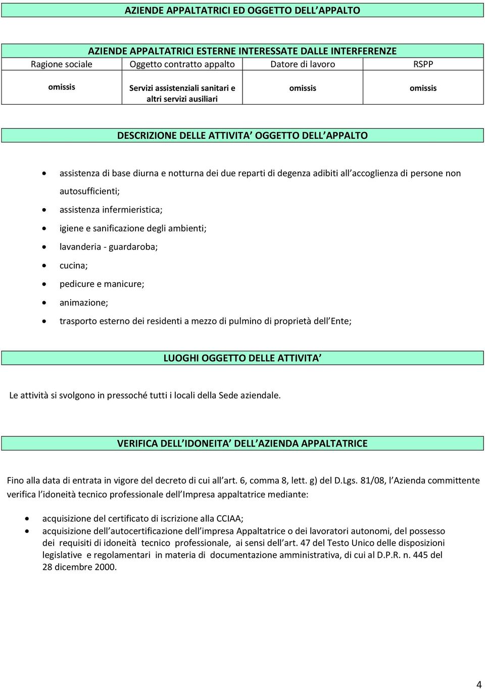 non autosufficienti; assistenza infermieristica; igiene e sanificazione degli ambienti; lavanderia - guardaroba; cucina; pedicure e manicure; animazione; trasporto esterno dei residenti a mezzo di