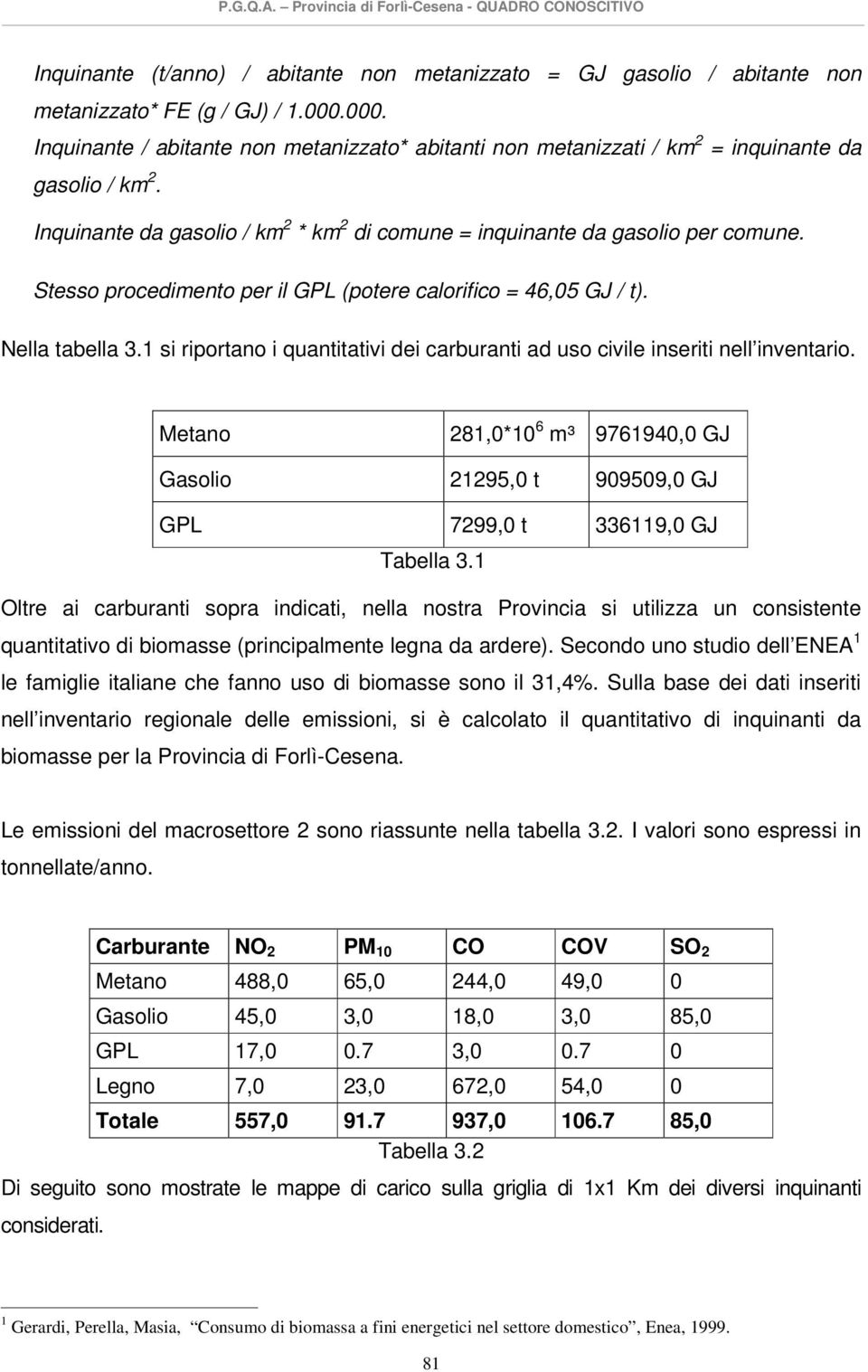 Stesso procedimento per il GPL (potere calorifico = 46,05 GJ / t). Nella tabella 3.1 si riportano i quantitativi dei carburanti ad uso civile inseriti nell inventario.