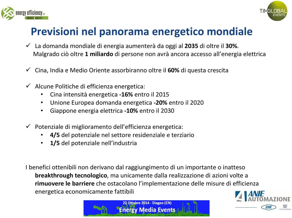 energetica: Cina intensità energetica -16% entro il 2015 Unione Europea domanda energetica -20% entro il 2020 Giappone energia elettrica -10% entro il 2030 Potenziale di miglioramento dell efficienza