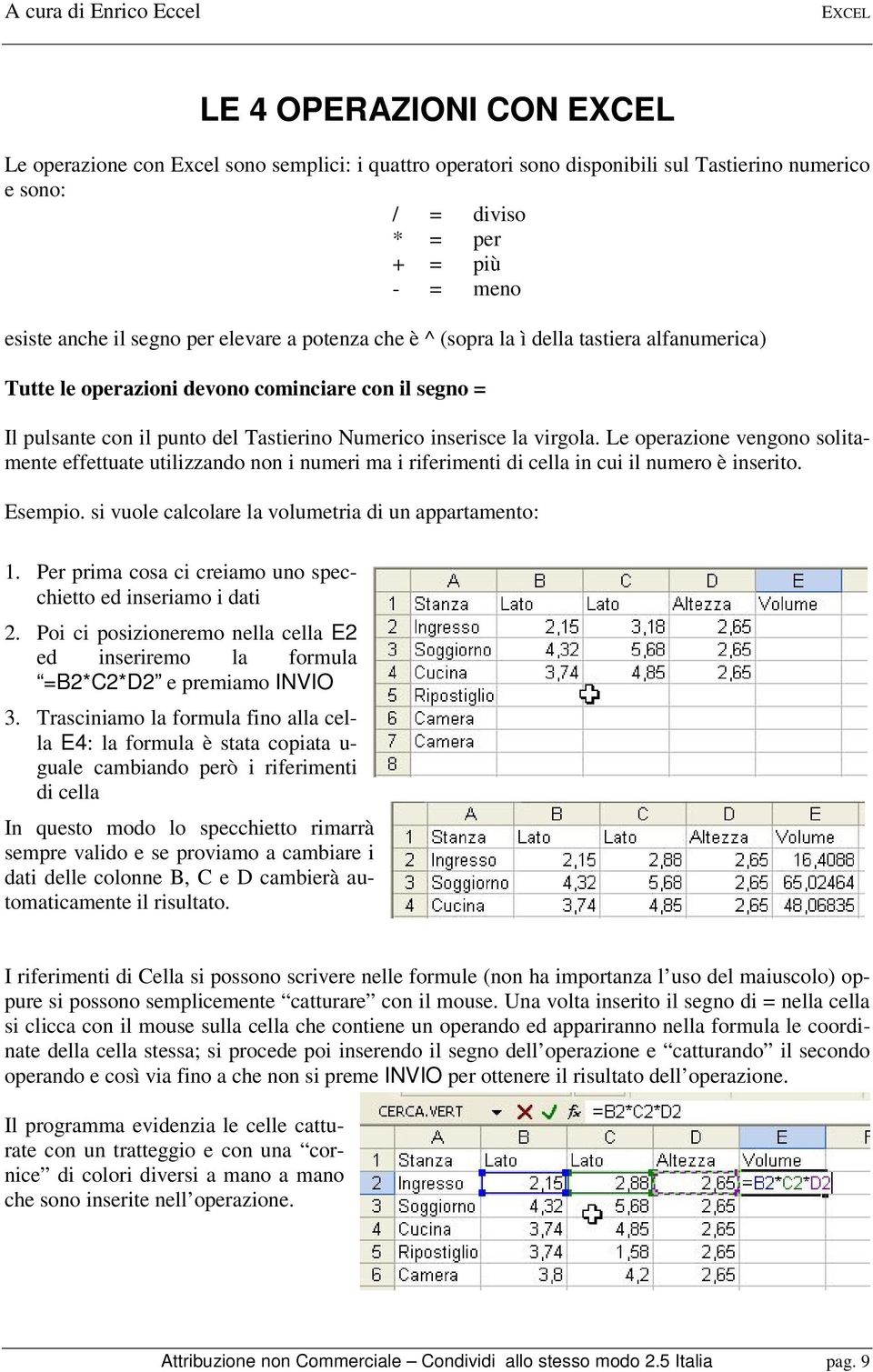 Le operazione vengono solitamente effettuate utilizzando non i numeri ma i riferimenti di cella in cui il numero è inserito. Esempio. si vuole calcolare la volumetria di un appartamento: 1.