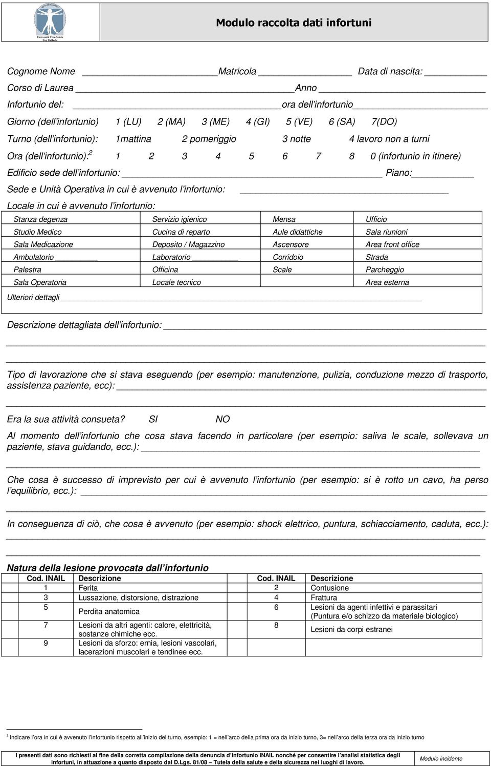 Operativa in cui è avvenuto l infortunio: Locale in cui è avvenuto l infortunio: Stanza degenza Servizio igienico Mensa Ufficio Studio Medico Cucina di reparto Aule didattiche Sala riunioni Sala