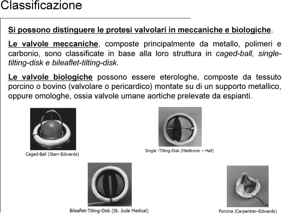 struttura in caged-ball, singletilting-disk e bileaflet-tilting-disk.