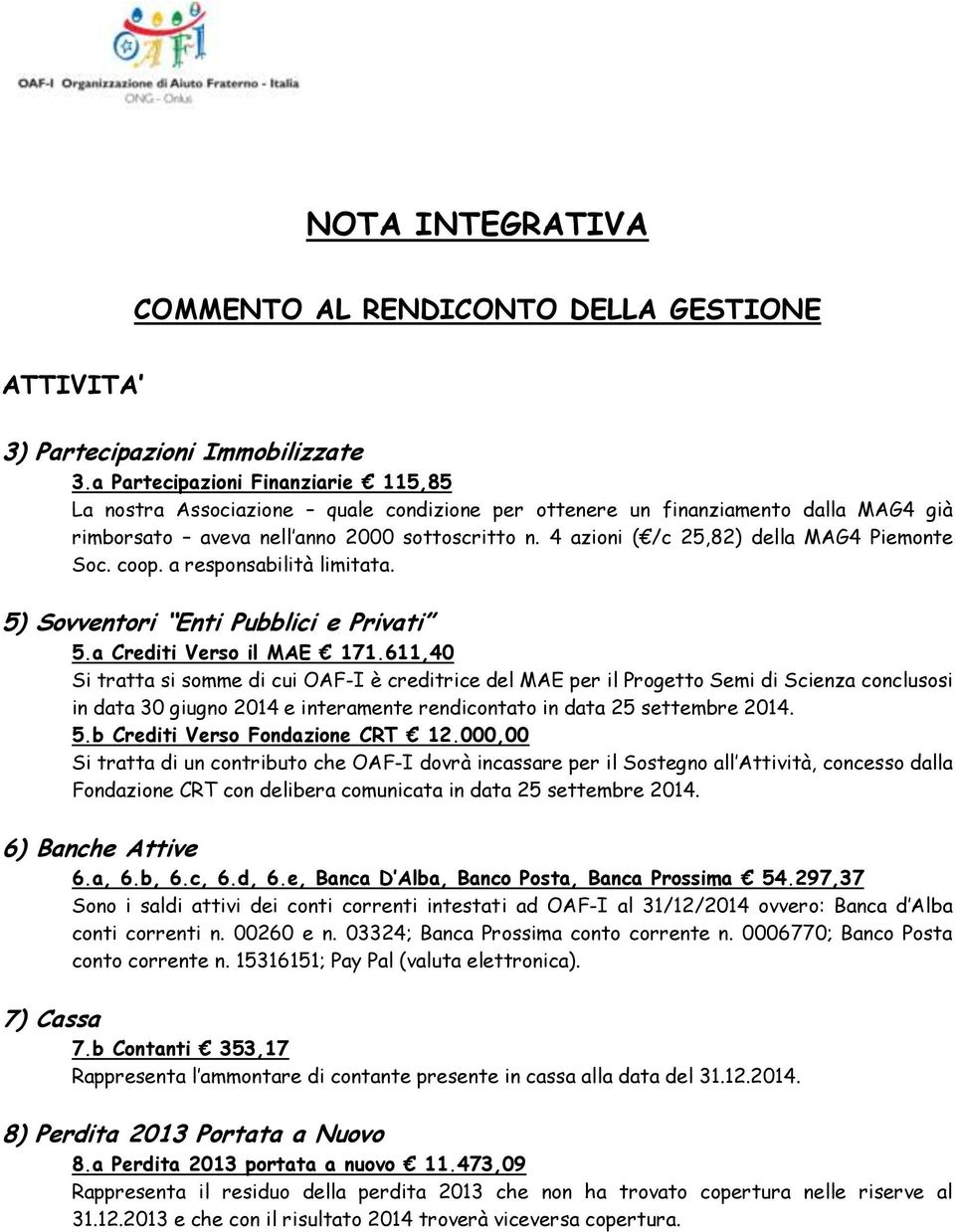 4 azioni ( /c 25,82) della MAG4 Piemonte Soc. coop. a responsabilità limitata. 5) Sovventori Enti Pubblici e Privati 5.a Crediti Verso il MAE 171.