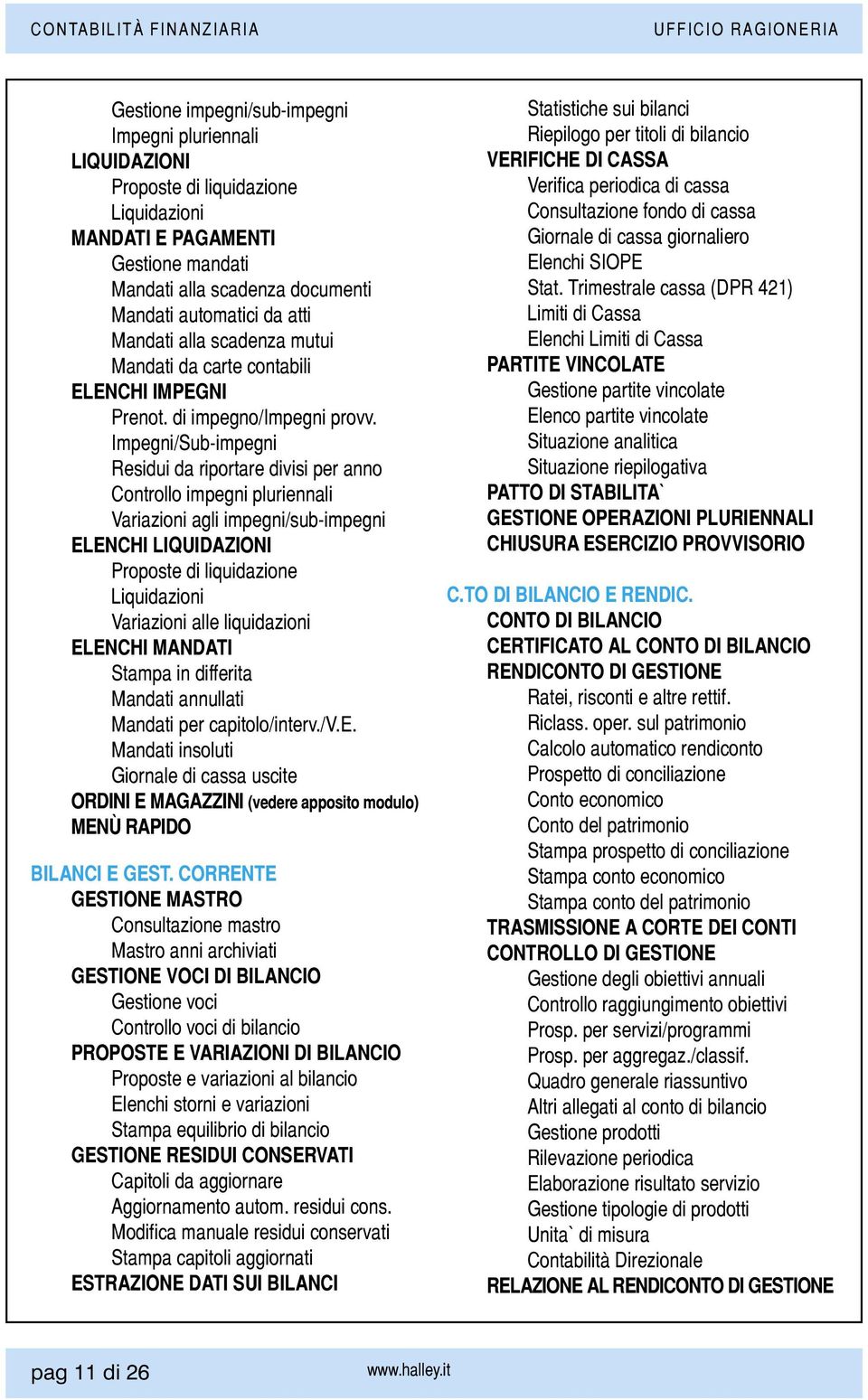 Impegni/Sub-impegni Residui da riportare divisi per anno Controllo impegni pluriennali Variazioni agli impegni/sub-impegni Elenchi liquidazioni Proposte di liquidazione Liquidazioni Variazioni alle