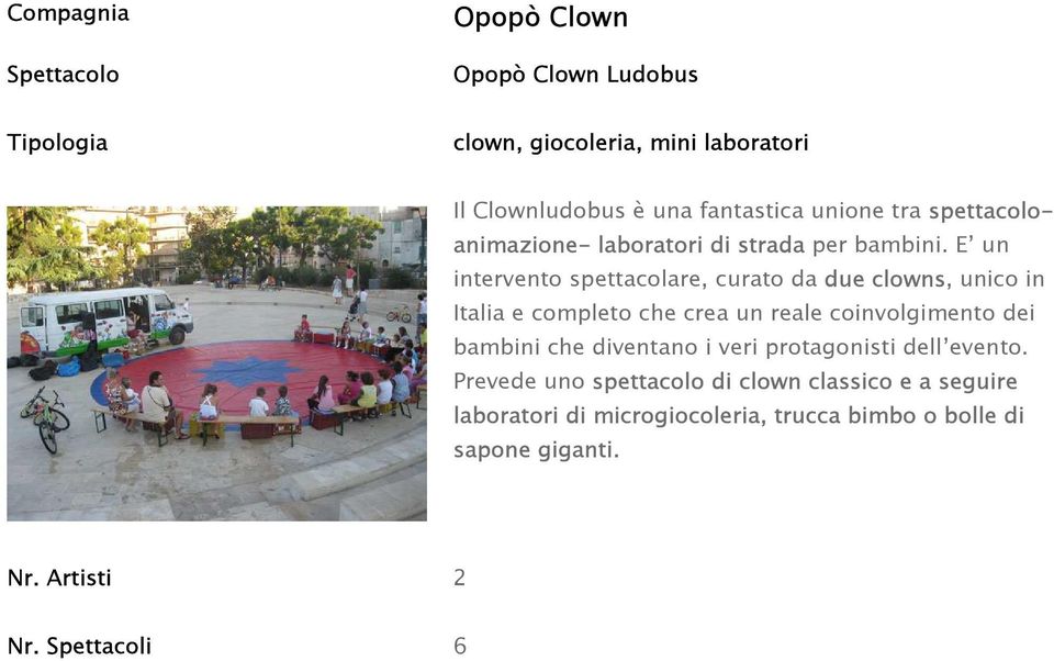 E un intervento spettacolare, curato da due clowns, unico in Italia e completo che crea un reale coinvolgimento dei bambini che