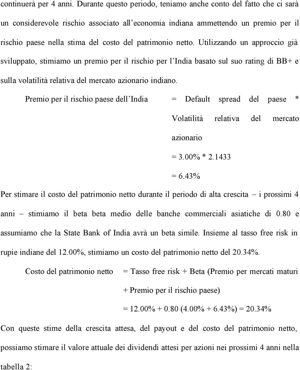 patrimonio netto. Utilizzando un approccio già sviluppato, stimiamo un premio per il rischio per l India basato sul suo rating di BB+ e sulla volatilità relativa del mercato azionario indiano.