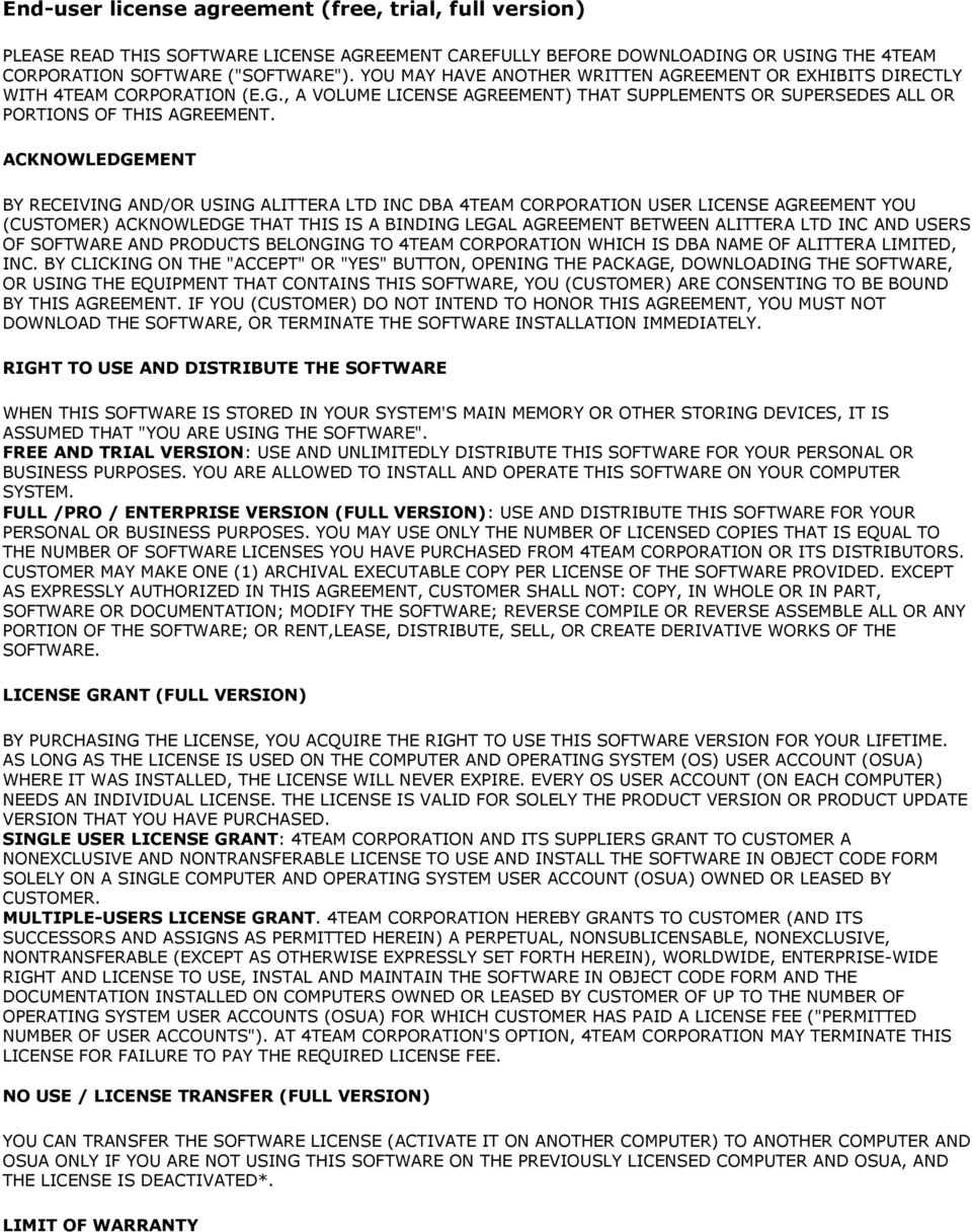 ACKNOWLEDGEMENT BY RECEIVING AND/OR USING ALITTERA LTD INC DBA 4TEAM CORPORATION USER LICENSE AGREEMENT YOU (CUSTOMER) ACKNOWLEDGE THAT THIS IS A BINDING LEGAL AGREEMENT BETWEEN ALITTERA LTD INC AND