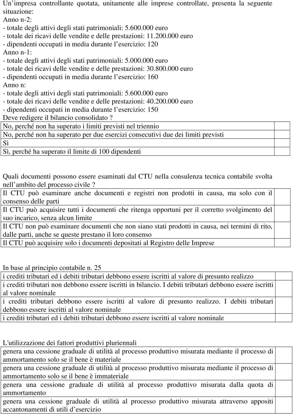 800.000 euro - dipendenti occupati in media durante l esercizio: 160 Anno n: - totale degli attivi degli stati patrimoniali: 5.600.000 euro - totale dei ricavi delle vendite e delle prestazioni: 40.