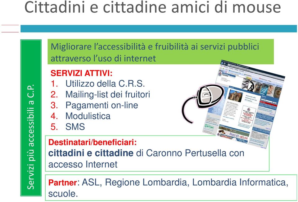 1. Utilizzo della C.R.S. 2. Mailing-list dei fruitori 3. Pagamenti on-line 4. Modulistica 5.