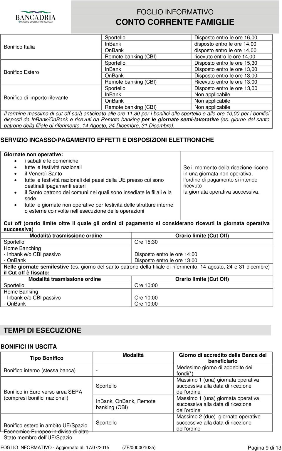 importo rilevante InBank Non applicabile OnBank Non applicabile Remote banking (CBI) Non applicabile Il termine massimo di cut off sarà anticipato alle ore 11,30 per i bonifici allo sportello e alle