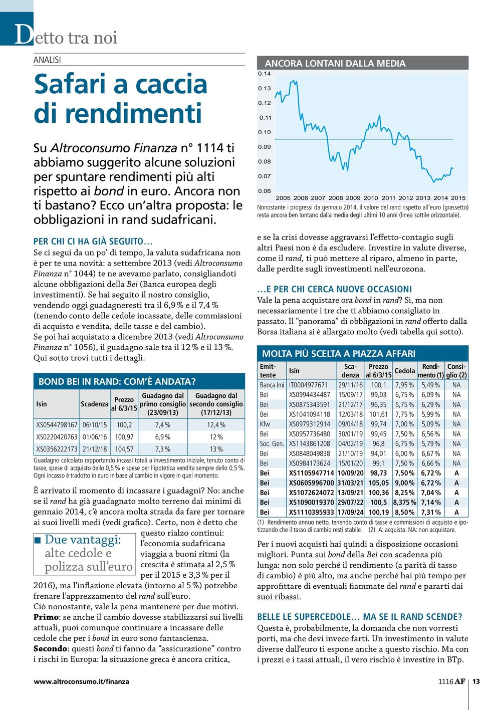 per chi ci ha già seguito Se ci segui da un po di tempo, la valuta sudafricana non è per te una novità: a settembre 2013 (vedi Altroconsumo Finanza n 1044) te ne avevamo parlato, consigliandoti