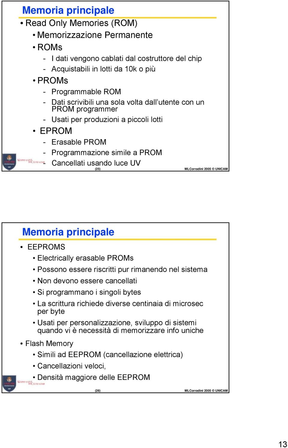 2005 UNICAM Memoria principale EEPROMS Electrically erasable PROMs Possono essere riscritti pur rimanendo nel sistema Non devono essere cancellati Si programmano i singoli bytes La scrittura richiede