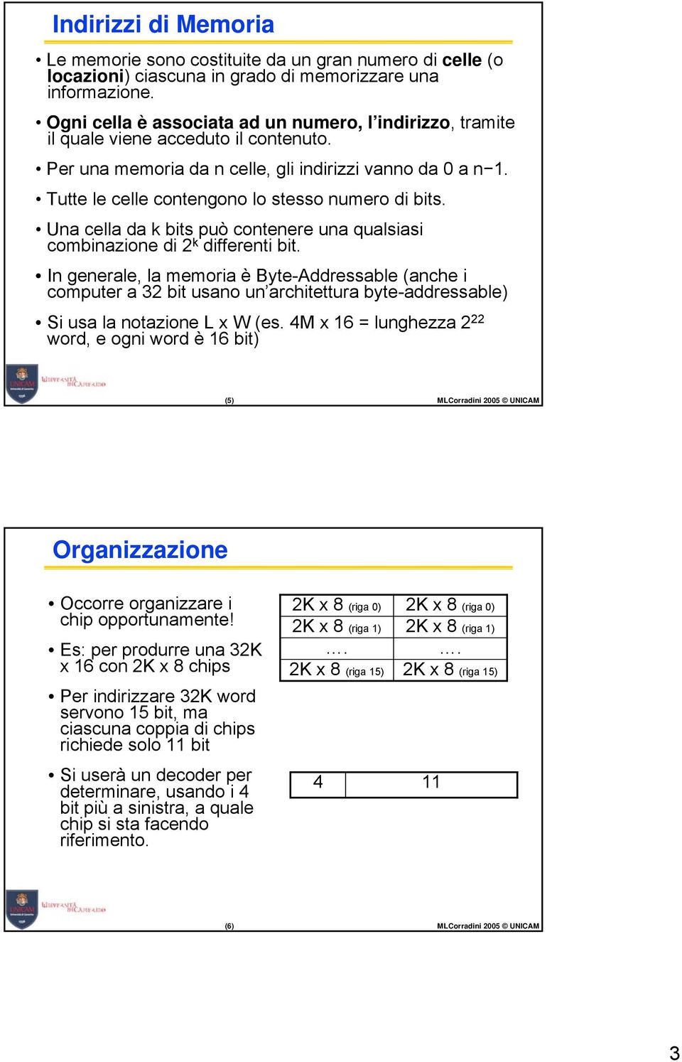 Tutte le celle contengono lo stesso numero di bits. Una cella da k bits può contenere una qualsiasi combinazione di 2 k differenti bit.