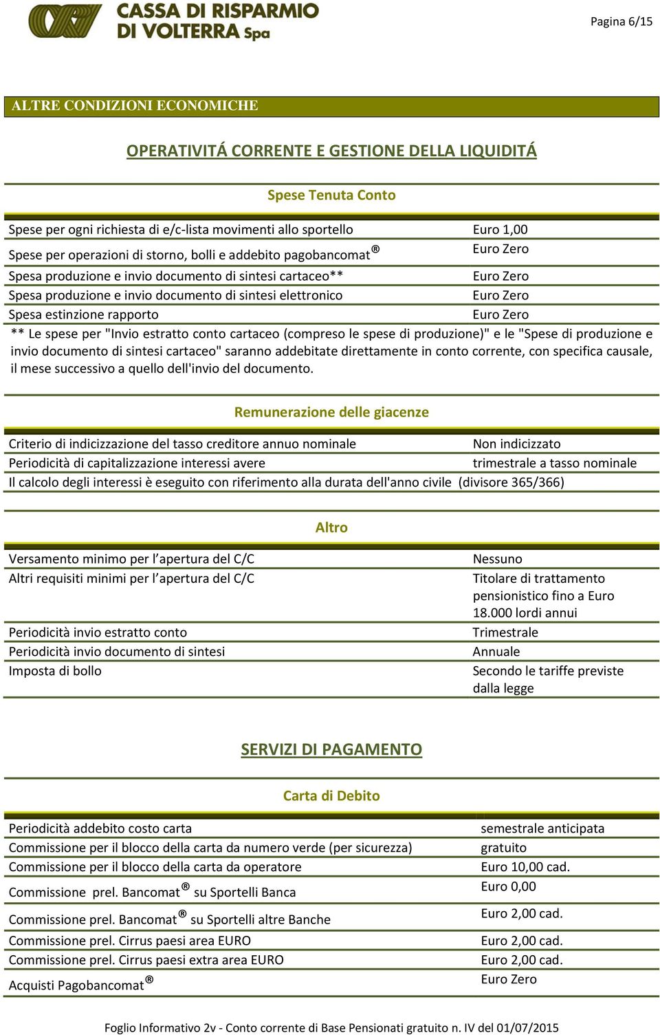 spese per "Invio estratto conto cartaceo (compreso le spese di produzione)" e le "Spese di produzione e invio documento di sintesi cartaceo" saranno addebitate direttamente in conto corrente, con