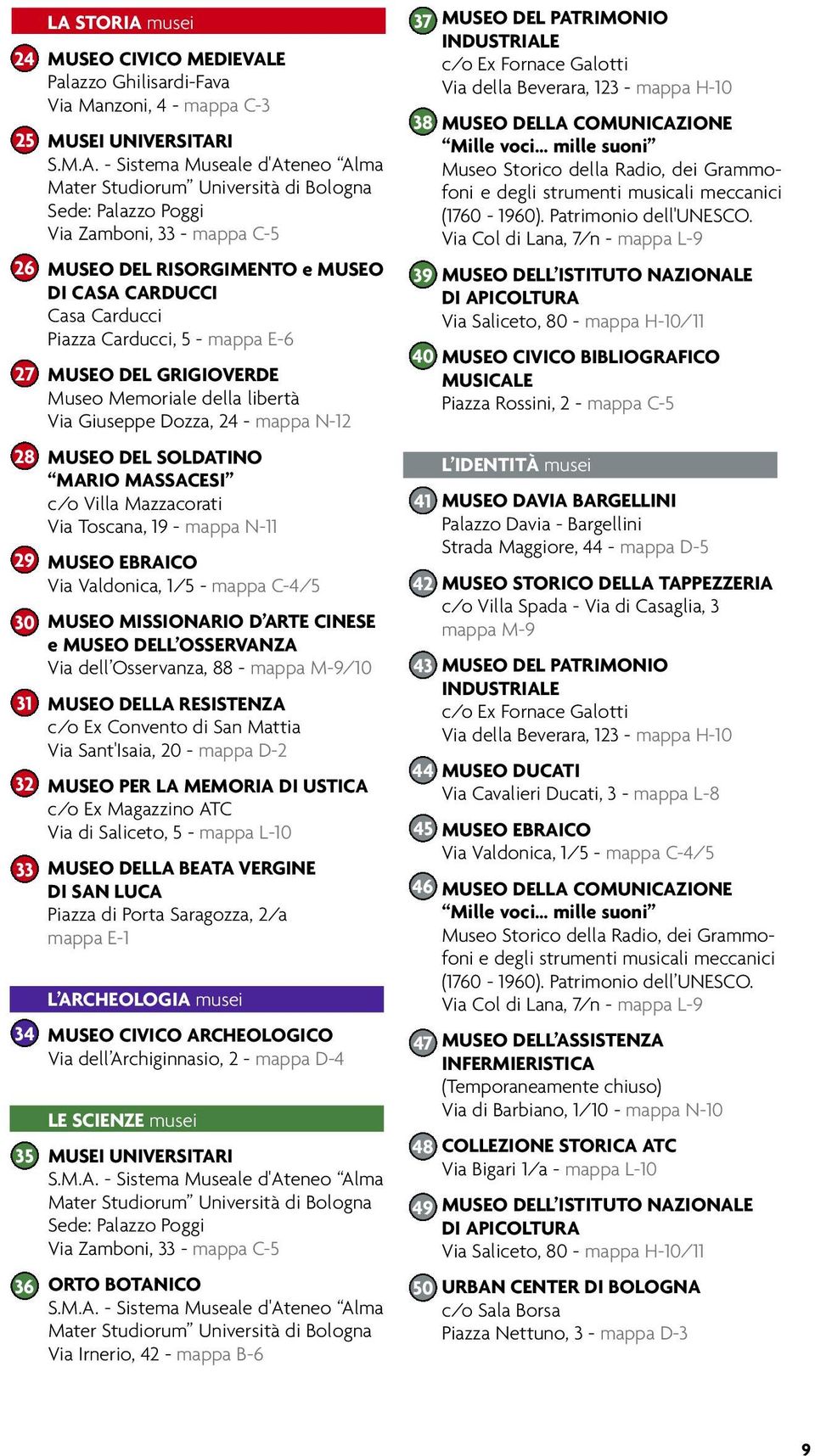 Giuseppe Dozza, 24 - mappa N-12 28 MUSEO DEL SOLDATINO MARIO MASSACESI c/o Villa Mazzacorati Via Toscana, 19 - mappa N-11 29 MUSEO EBRAICO Via Valdonica, 1/5 - mappa C-4/5 30 MUSEO MISSIONARIO D ARTE