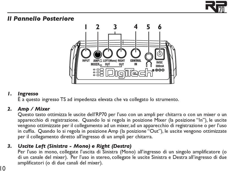 Quando lo si regola in posizione Amp (la posizione Out ), le uscite vengono ottimizzate per il collegamento diretto all ingresso di un ampli per chitarra. 3.