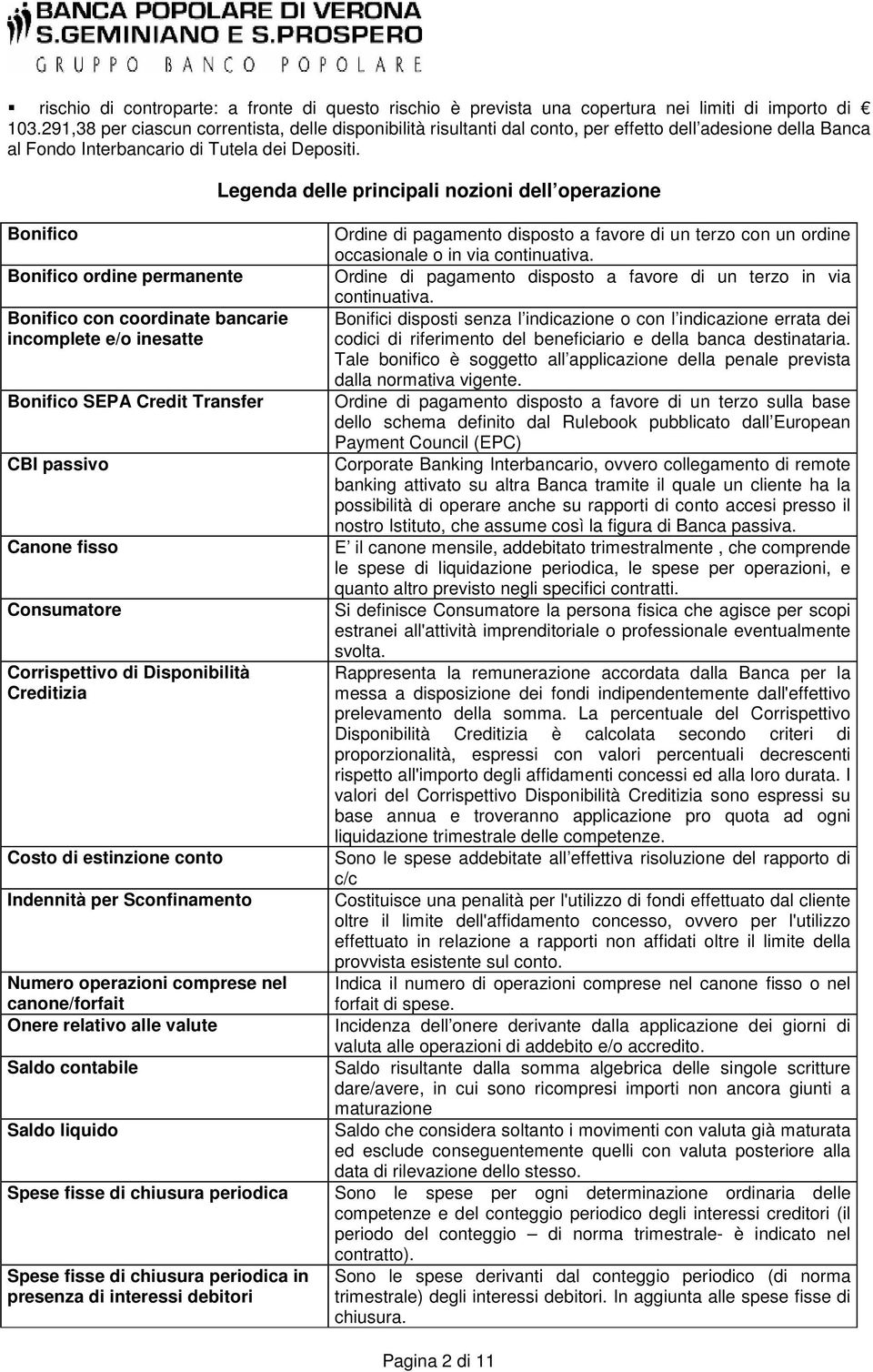 Legenda delle principali nozioni dell operazione Bonifico Bonifico ordine permanente Bonifico con coordinate bancarie incomplete e/o inesatte Bonifico SEPA Credit Transfer CBI passivo Canone fisso