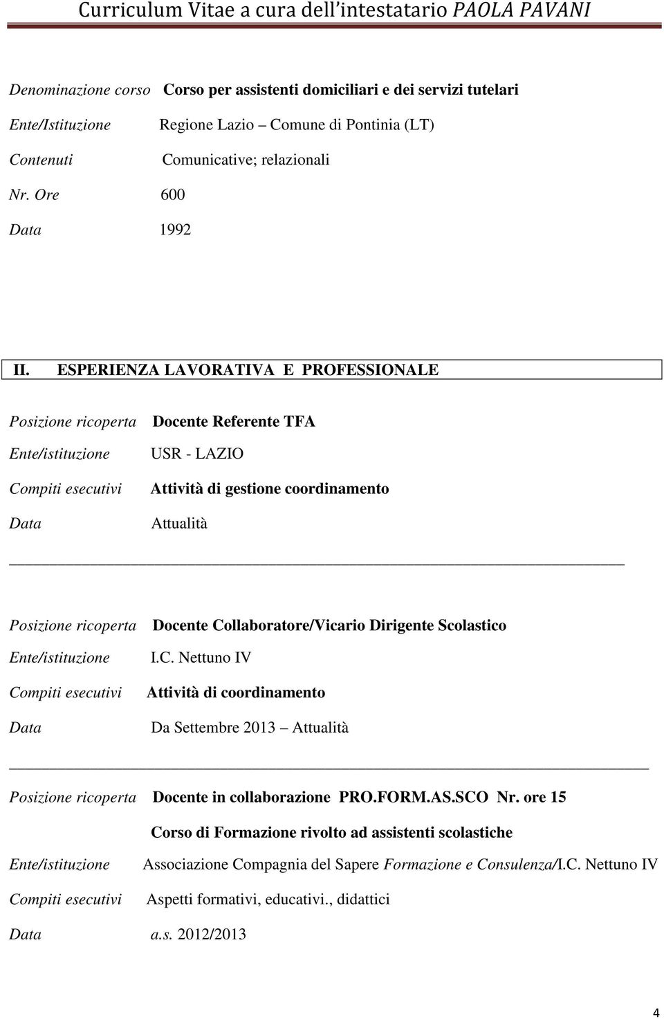 ESPERIENZA LAVORATIVA E PROFESSIONALE Data Docente Referente TFA USR - LAZIO Attività di gestione coordinamento Attualità Data Docente Collaboratore/Vicario Dirigente