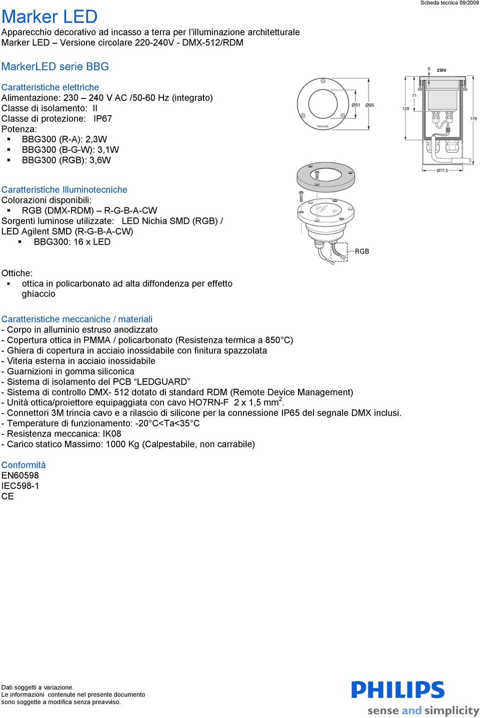 3,1W BBG300 (RGB): 3,6W Sorgenti luminose utilizzate: LED Nichia SMD (RGB) / LED