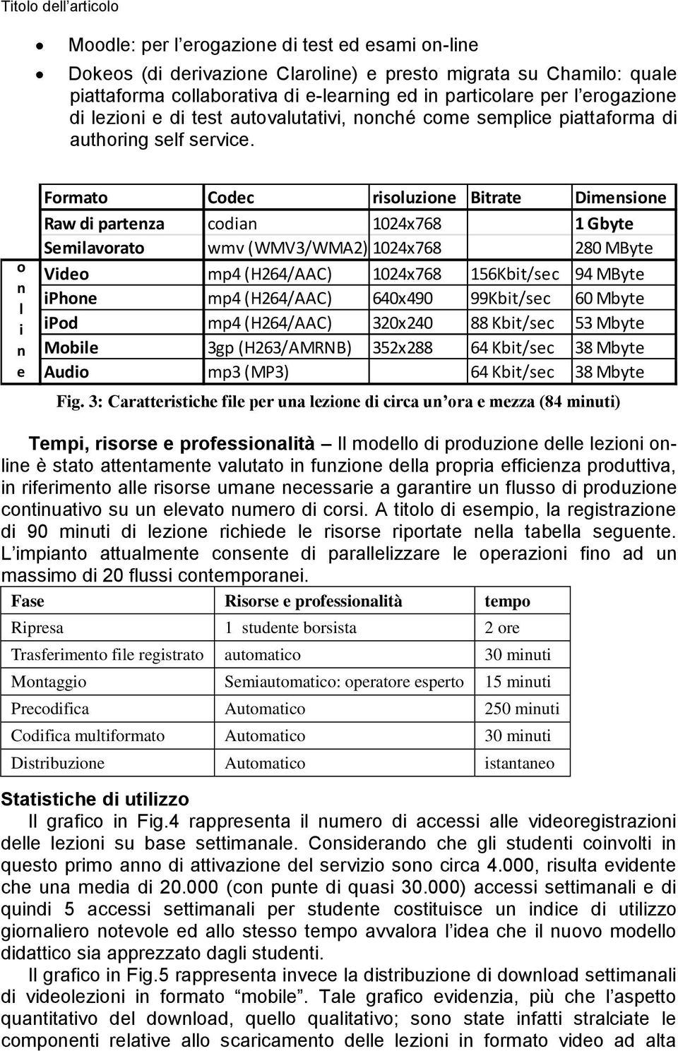 o n l i n e Formato Codec risoluzione Bitrate Dimensione Raw di partenza codian 1024x768 1 Gbyte Semilavorato wmv (WMV3/WMA2) 1024x768 280 MByte Video mp4 (H264/AAC) 1024x768 156Kbit/sec 94 MByte