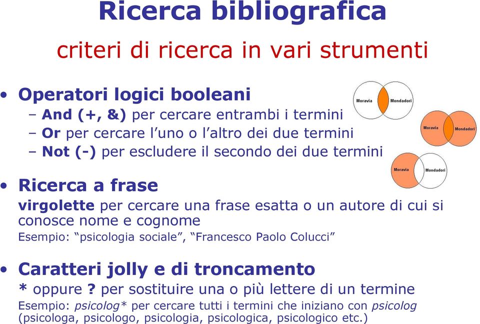 conosce nome e cognome Esempio: psicologia sociale, Francesco Paolo Colucci Caratteri jolly e di troncamento * oppure?