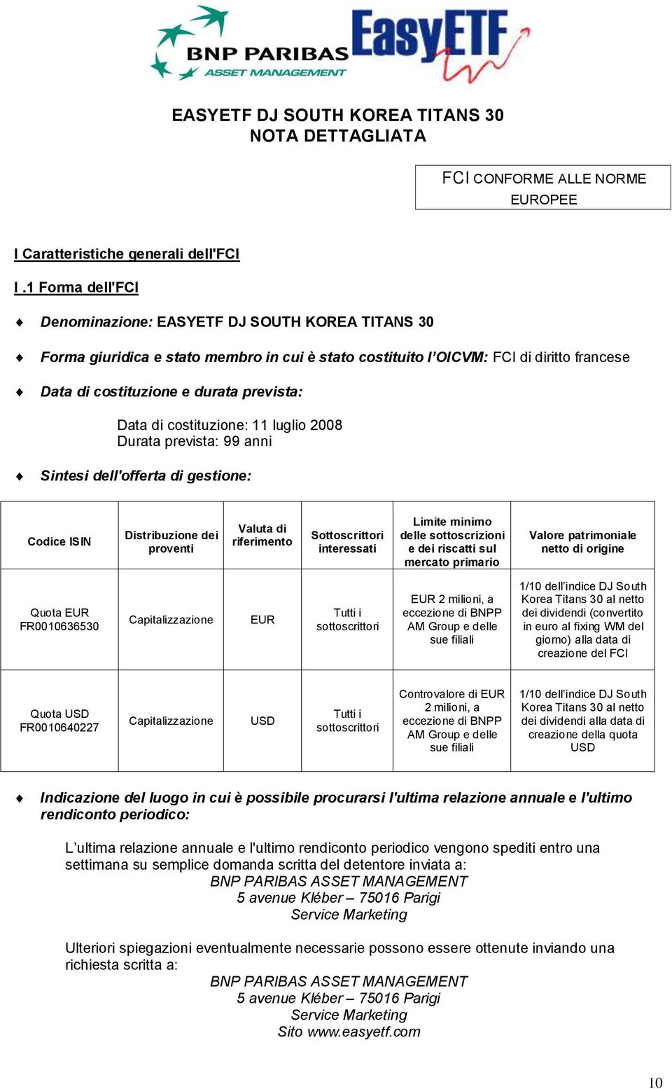 di costituzione: 11 luglio 2008 Durata prevista: 99 anni Sintesi dell'offerta di gestione: Codice ISIN Distribuzione dei proventi Valuta di riferimento Sottoscrittori interessati Limite minimo delle